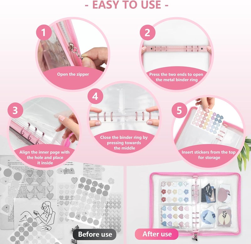 NOCAFI Sticker Organizer Binder Storage Book A5 Reusable Sticker Book Collecting Holder Display Album with 220 Pockets and Zipper Closure (Pink) - Image 5